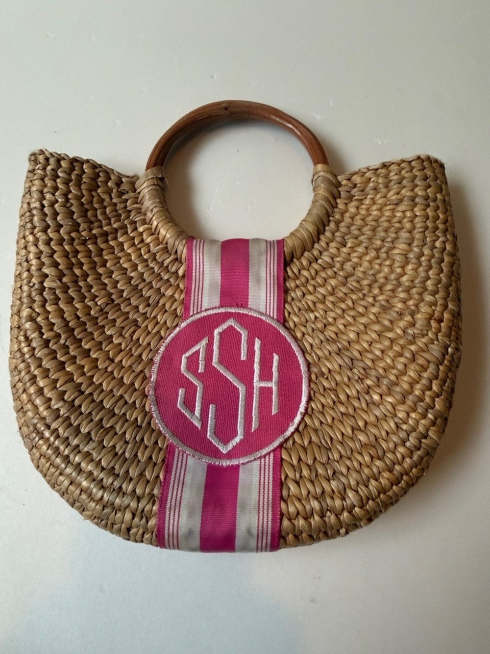 Woven Straw Tote with Pink Stripe and Monogram Accent